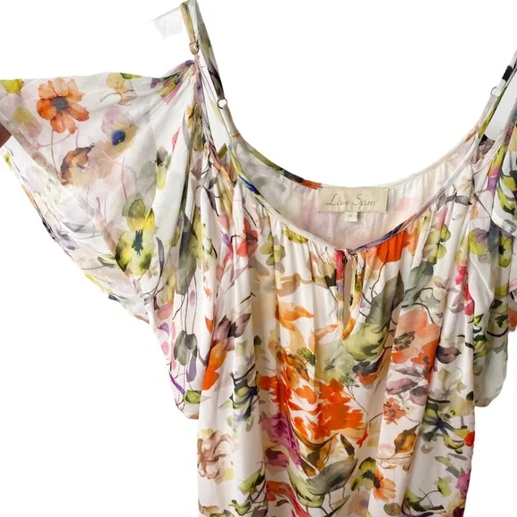 Anthropologie Love Sam Floral Cold Shoulder Flutter Sleeve Blouse Medium - Picture 8 of 12